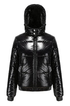 Black reflective anti-splash puffer jacket with undetachable hood and slim fit design