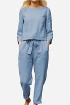 Retro Monochrome Linen breathable two-piece set with long sleeves and relaxed fit in light blue