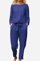 Retro Monochrome Linen two-piece blue linen top and pants set for women