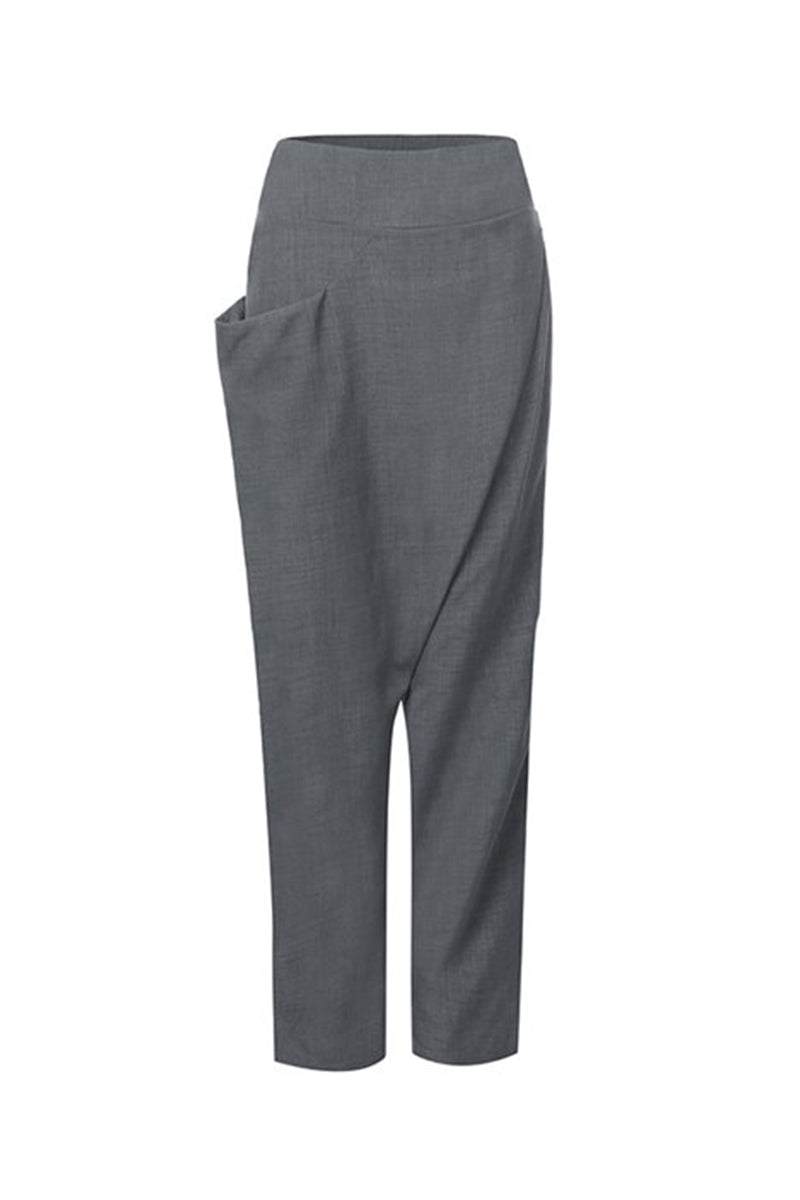 Gray high-waist wrapped pants with loose fit and side pocket for comfort and style