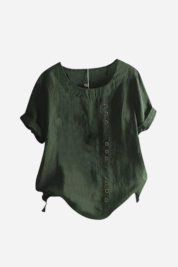 Dark green relaxed fit linen button-up tee with short sleeves and button detail