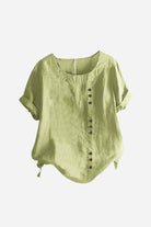 Light green relaxed fit linen button-up tee with short sleeves and side ties