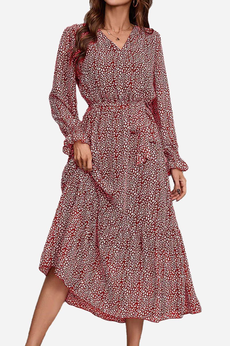 Bloom Wrap Midi Dress with floral print, A-line silhouette, and long sleeves in chiffon fabric