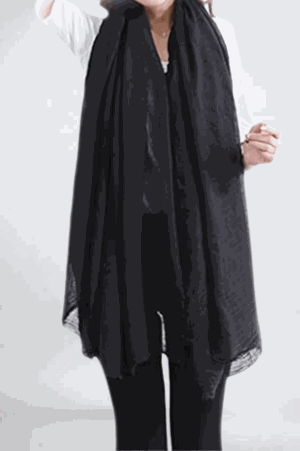 Black linen Color-POP scarf worn over white top, lightweight and warm eco-friendly accessory