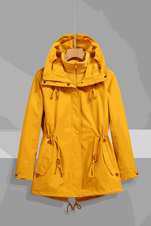 Yellow Versatile Chic Two-Piece Windbreaker Set with adjustable hood and slim-fit design, breathable and waterproof jacket for all weather conditions