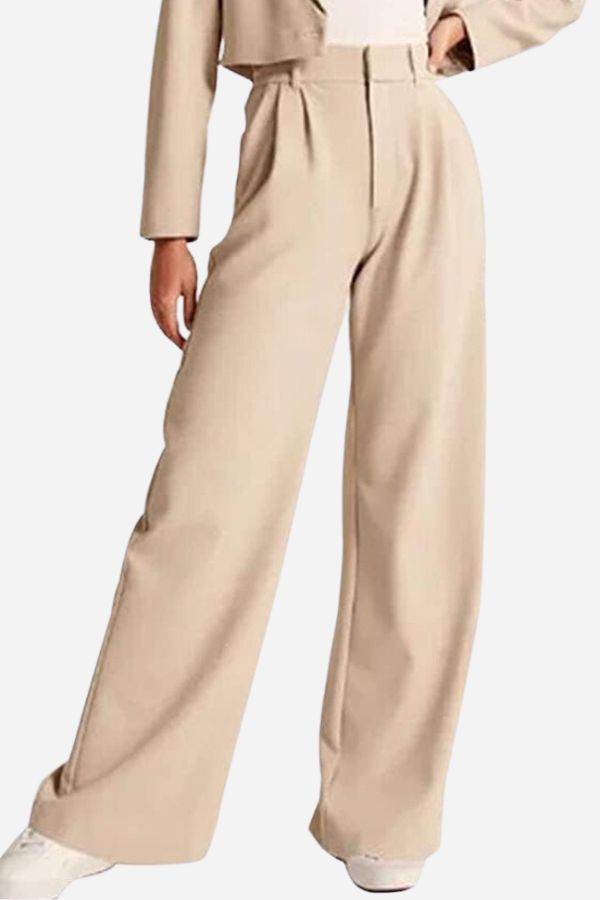 Classically Vogue Business Trousers beige high-waist tailored wide-leg pants with elastic back for comfortable fit