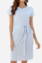 Airy Stripe Sheath Cotton Dress with short sleeves, tie waist, and side pockets in light blue and white stripes