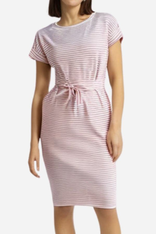 Woman wearing Airy Stripe Sheath Cotton Dress with short sleeves and tie waist belt