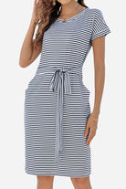 Airy Stripe Sheath Cotton Dress with navy and white stripes, short sleeves, tie waist belt, and side pockets, knee-length casual cotton dress.
