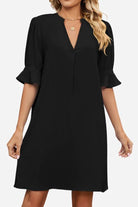 Black Dainty Charm Casual Ruffle Dress with V-neck and ruffled sleeves, loose fit, made of breathable polyester fabric.