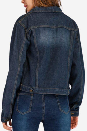 Back view of woman wearing Urban Grace Stretch Denim Jacket in dark blue with classic fit and seam details