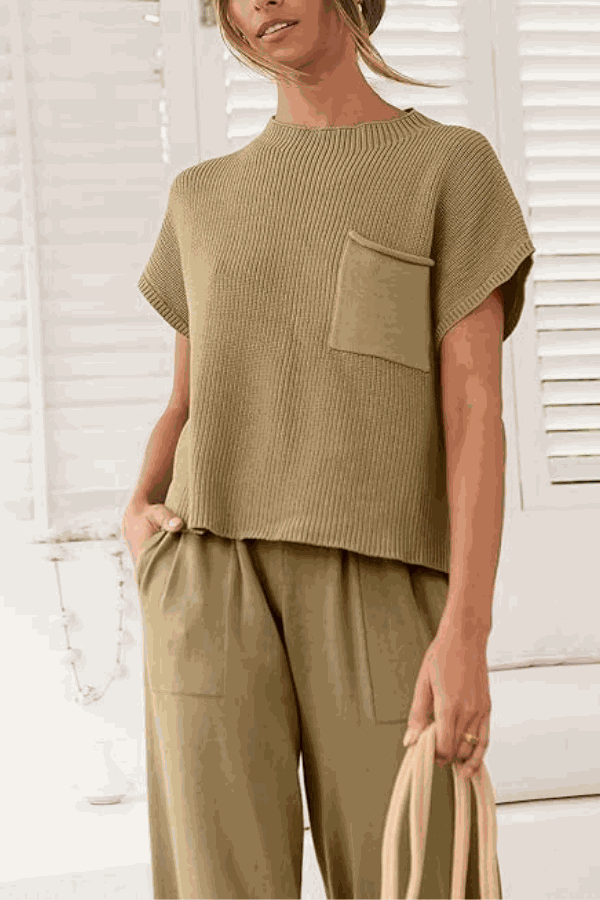 Comfy Couture Knit Sweater two-piece set with knit pullover and high-waisted pants in beige for casual elegance and comfort