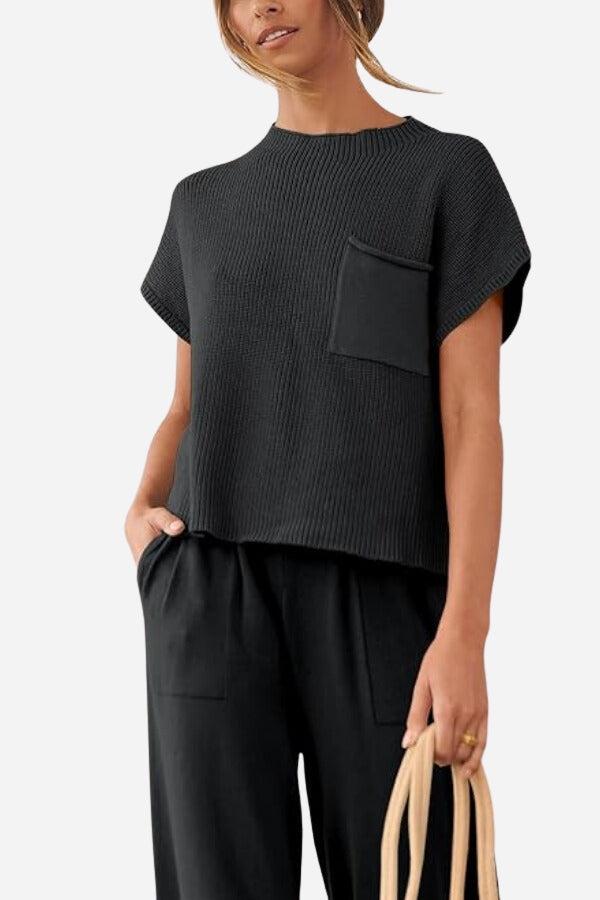 Comfy Couture Knit Sweater two-piece set in black with knit pullover and high-waisted pants for stylish comfort