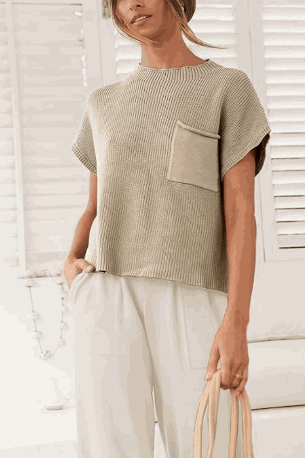 Comfy Couture Knit Sweater short-sleeve top with pocket paired with white high-waisted pants two-piece set for casual elegance and comfort