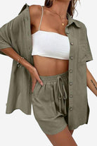 Sunny Day Vibrance two-piece set with army green shorts and shirt, summer casual outfit