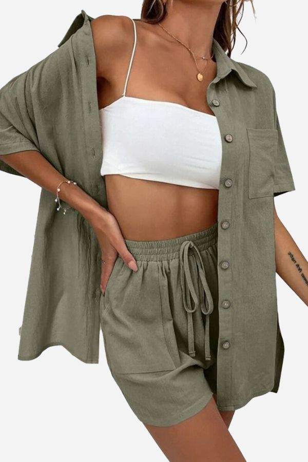 Sunny Day Vibrance two-piece set with army green shorts and shirt, summer casual outfit