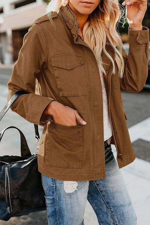 Fashion Cargo Utility Jacket in brown with multiple pockets and adjustable waist, styled with casual jeans and a black bag.