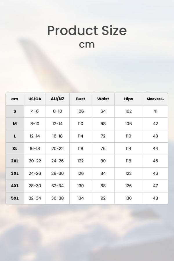 Size chart for Everyday Fashion Loose-Fit two-piece matching set showing measurements in cm for bust, waist, hips, and sleeves across sizes S to 5XL