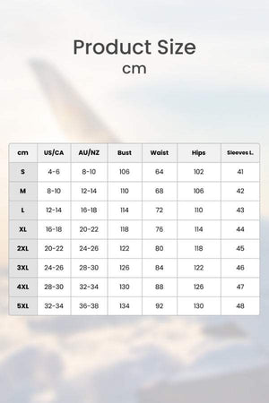 Size chart for Everyday Fashion Loose-Fit two-piece matching set showing measurements in cm for bust, waist, hips, and sleeves across sizes S to 5XL