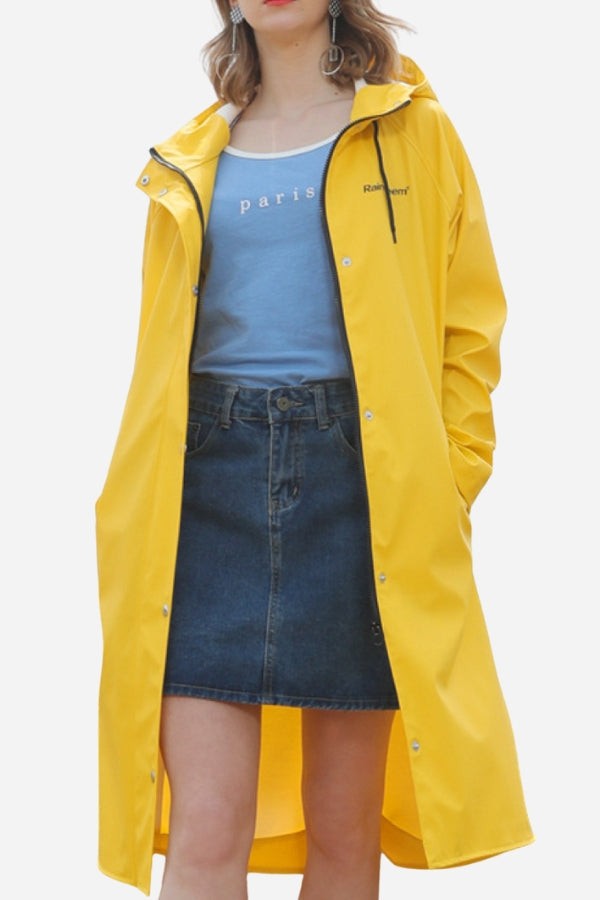 Lightweight ultra water-resistant yellow long windbreaker jacket with hood and zipper closure