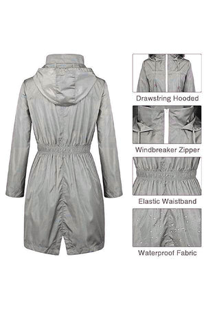 Back view of gray outdoor and travel hooded raincoat with drawstring hood, windbreaker zipper, elastic waistband, and waterproof fabric details