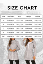 Outdoor and Travel Hooded Raincoat size chart with measurements and models wearing light gray windbreaker jacket