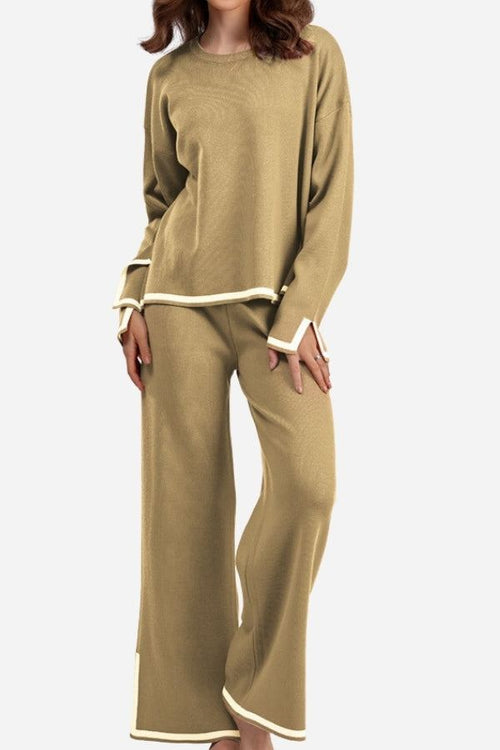 Long sleeved relaxed fit lounge two-piece set with wide-leg pants and contrast trim edges