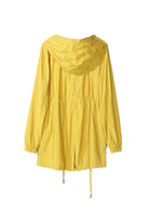 Yellow travel ready outdoor raincoat windbreaker with hood and elastic waist back view