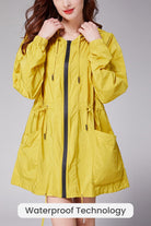Yellow travel ready outdoor raincoat with waterproof technology and packable design