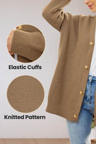 Relaxed fit oversized knit cardigan with elastic cuffs and button-down front in brown.
