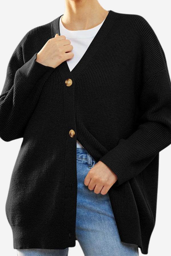 Relaxed fit oversized black knitwear cardigan with button down front and long sleeves