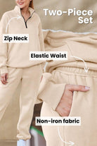 Ultra-soft and comfy beige two-piece co-ord tracksuit set with zip neck, elastic waist, and non-iron fabric