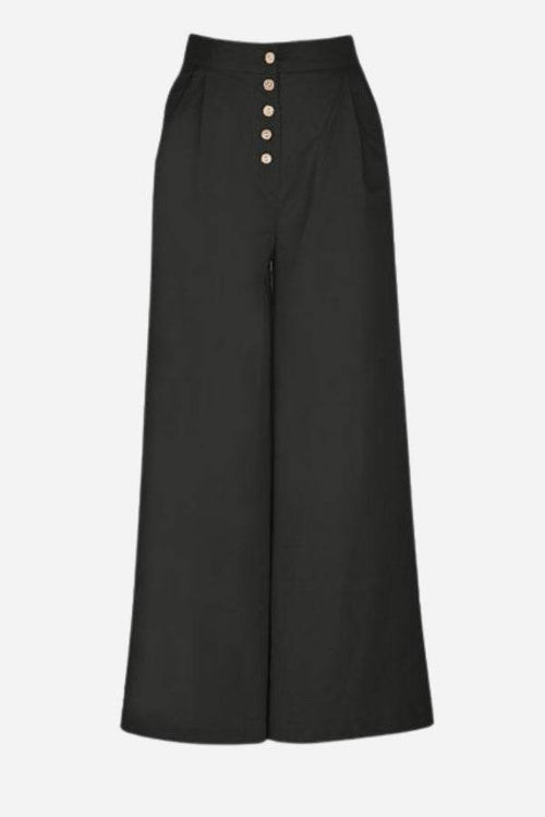 Black button front high waist palazzo pants with wide legs and lightweight comfortable fit