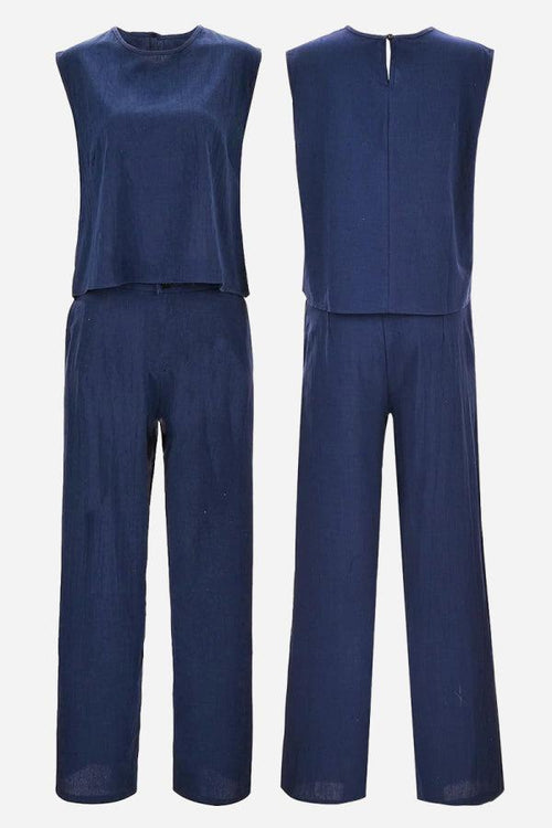 Casual Radiance Loose-Fit Combo navy blue sleeveless top and loose-fitting pants set in breathable cotton blend