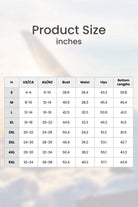 Casual Radiance Loose-Fit Combo size chart showing bust, waist, hips, and bottom lengths in inches for sizes S to 5XL.