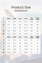 Chic Comfort Kimono two-piece set size chart with measurements for bust, waist, top length, and bottom length in inches and centimeters