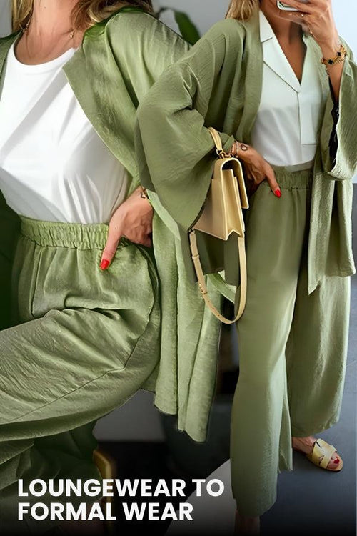 women wearing chic comfort kimono two-piece set in olive green styled for loungewear and formal wear