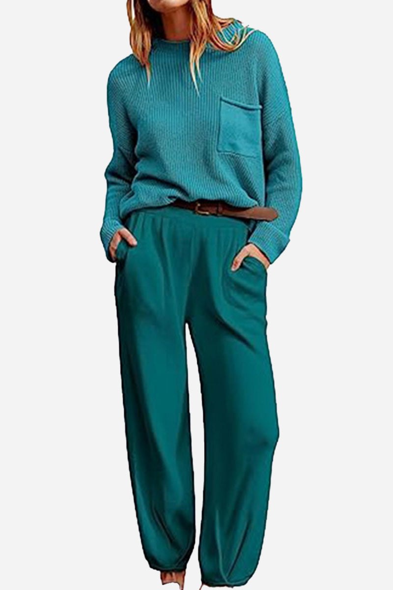 European Minimalism relaxed sweater top and trouser set in teal with knit pocket and comfortable fit