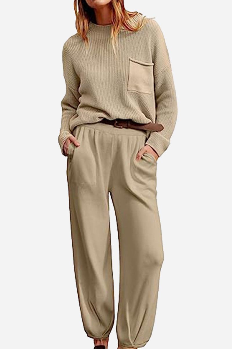 European Minimalism relaxed knit sweater top and khaki trousers set