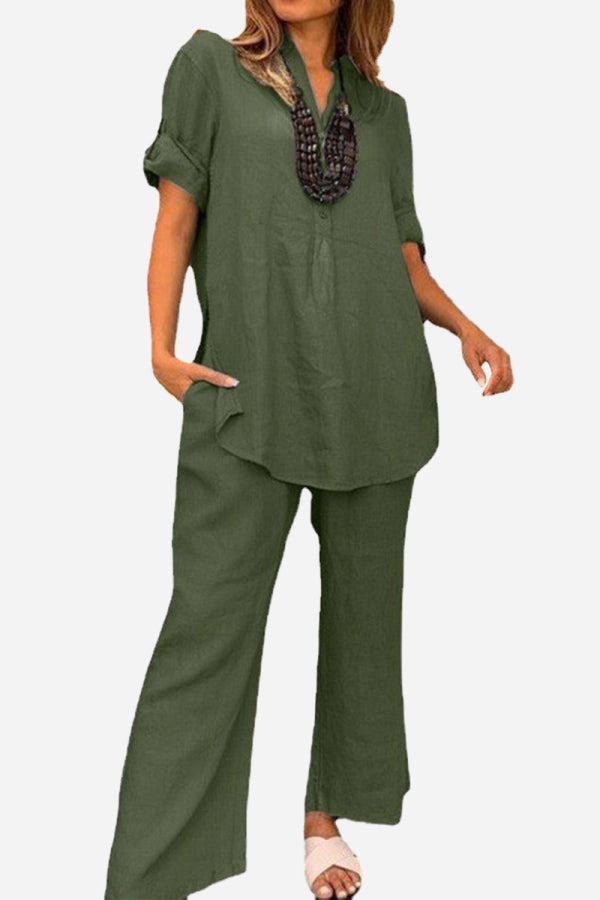 Olive green short-sleeved V-neck top and wide trouser suit in premium cotton with a loose, drapey fit for casual and semi-formal wear.