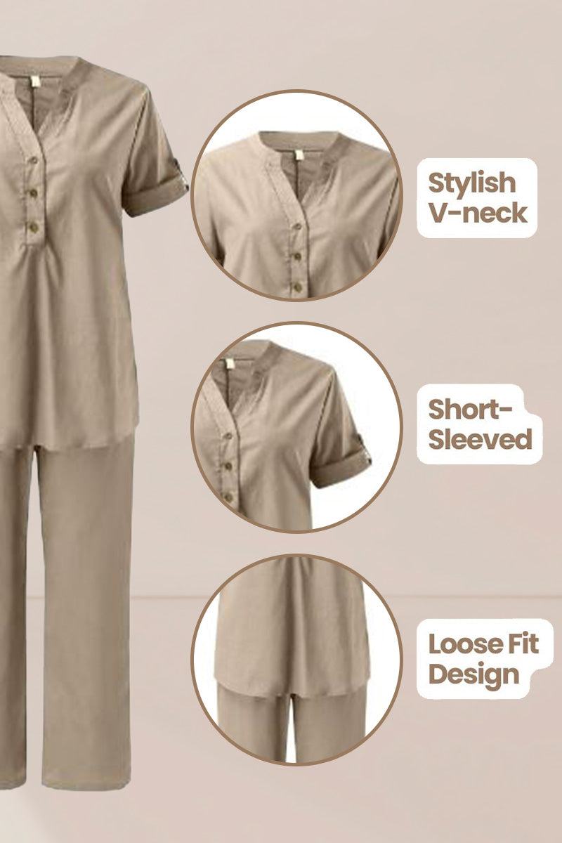 Short-sleeved V-neck top with loose fit and wide trousers in beige cotton suit