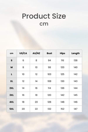 Bohemian Fantasy Overalls size chart with measurements in cm for bust, hips, and length in various sizes from S to 5XL