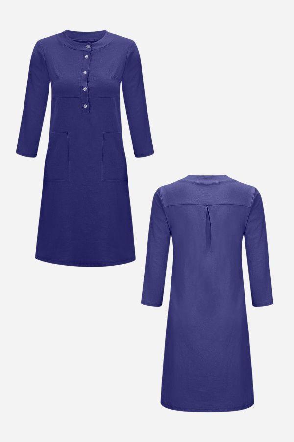 blue cotton dress with half-button front and 3/4 sleeves, knee-length, comfortable summer wear
