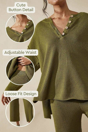 Multi-Weather Comfort loose fit two-piece oversized set with button detail and adjustable waist in olive green