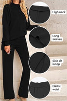 Black high neck sweater and wide leg pants set with long sleeves, side slit top, and elastic waist.