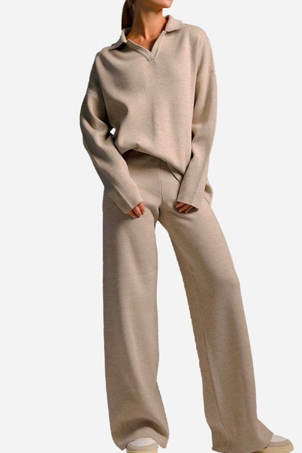 Plush & Preppy Camel Two-Piece Set featuring a plush, wrinkle-free fabric with a polo collar pullover and wide-leg pants for comfortable, stylish travel and leisure wear.