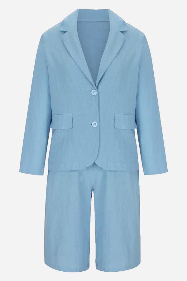 Light blue blazer and high-waisted shorts two-piece set for women