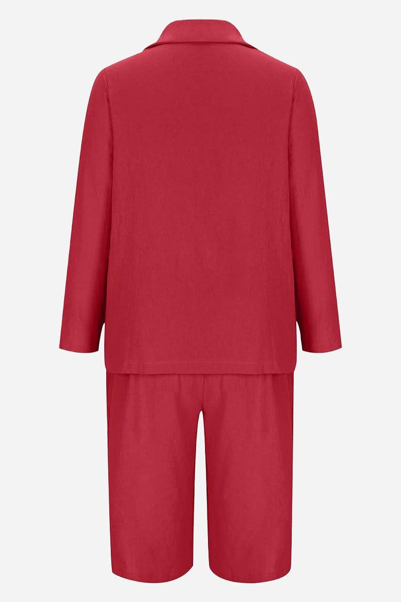 Red blazer and high-waisted shorts two-piece set back view for women