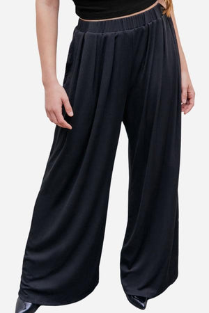 Black stretchy wide-leg pants with elastic waistband for all-day comfort and a sleek silhouette