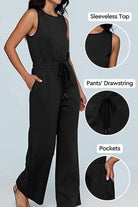 Black sleeveless wide leg pants jumpsuit with drawstring waist and pockets